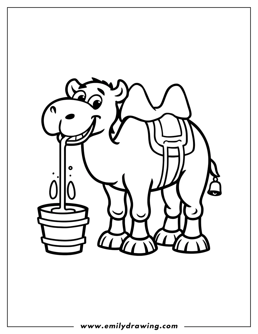 Outline of a thirsty camel drinking water from a wooden bucket. The camel has a saddle and a bell attached to its tail.