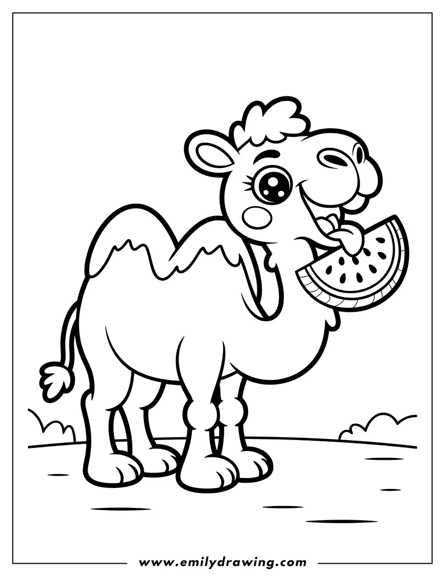 Line art of a happy camel eating a slice of watermelon.