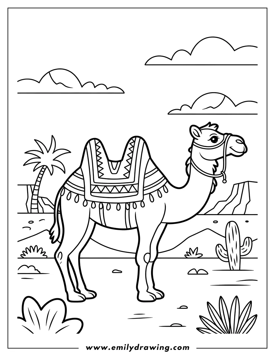 Outline of a camel standing in a desert landscape with a patterned blanket, palm tree, cactus, and desert plants.