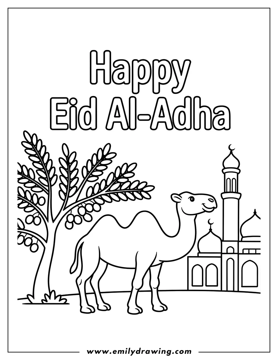 Outline of a camel standing near a mosque with a tree in the background. The words 