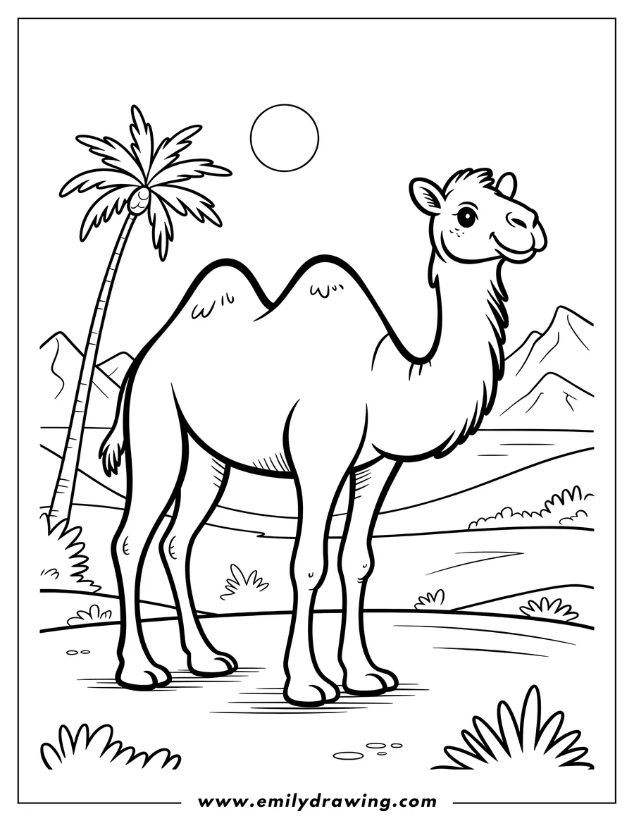 Outline of a friendly camel standing near a palm tree in a desert landscape.