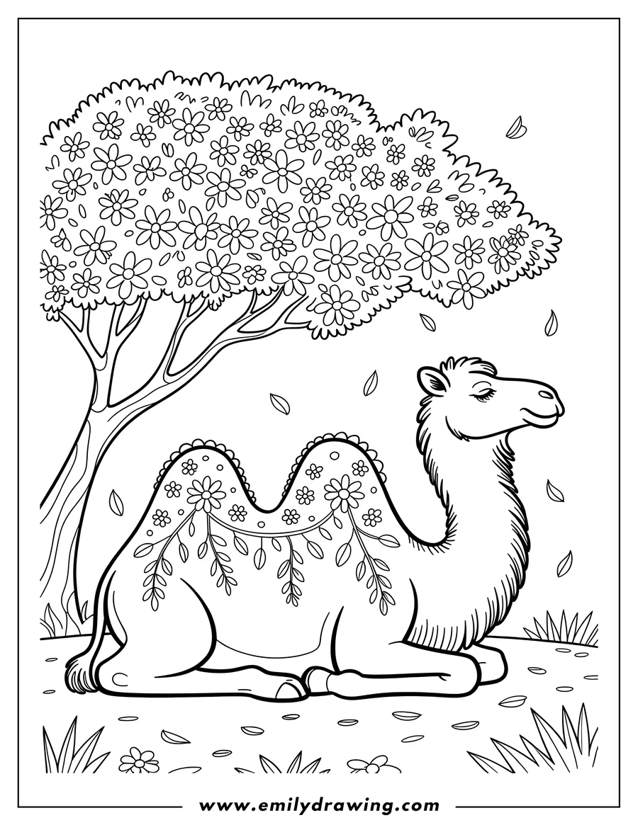 Outline of a camel sitting beneath a flowering tree. Flowers and leaves decorate the camel's humps. 