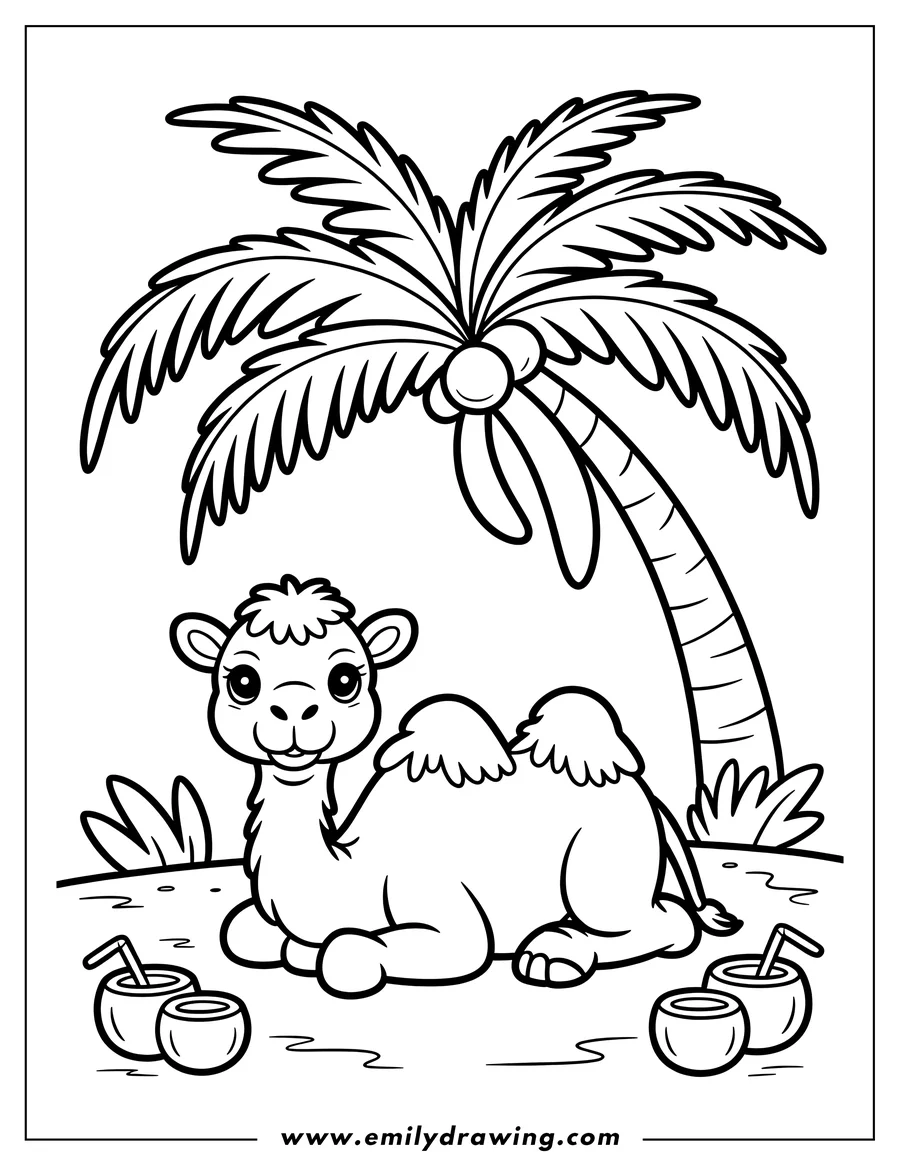 Outline of a camel relaxing under a palm tree with coconuts and straws beside it on sand.