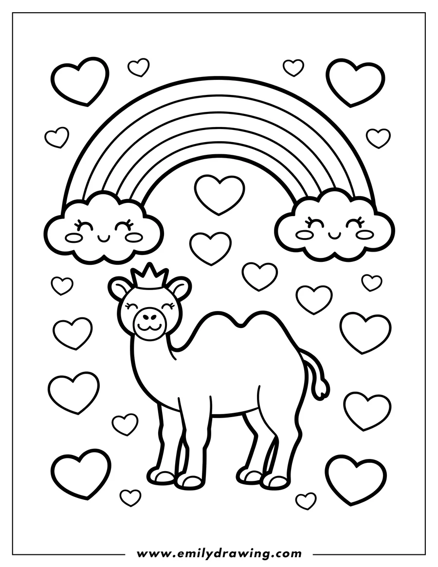 Outline of a camel wearing a crown standing beneath a rainbow with smiling clouds and hearts.