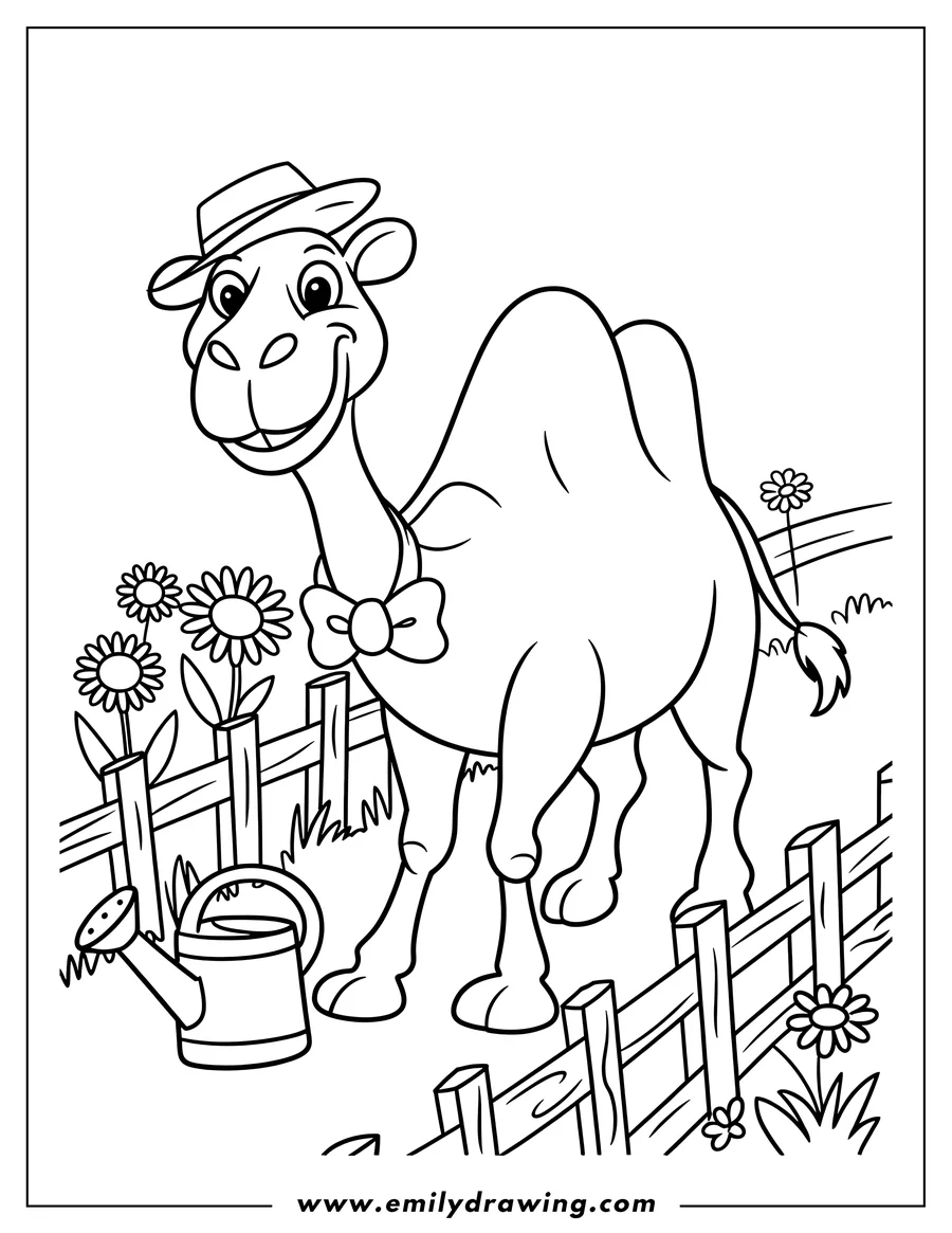 Line art of a camel wearing a hat and bow tie, standing near a watering can and a fence with flowers.