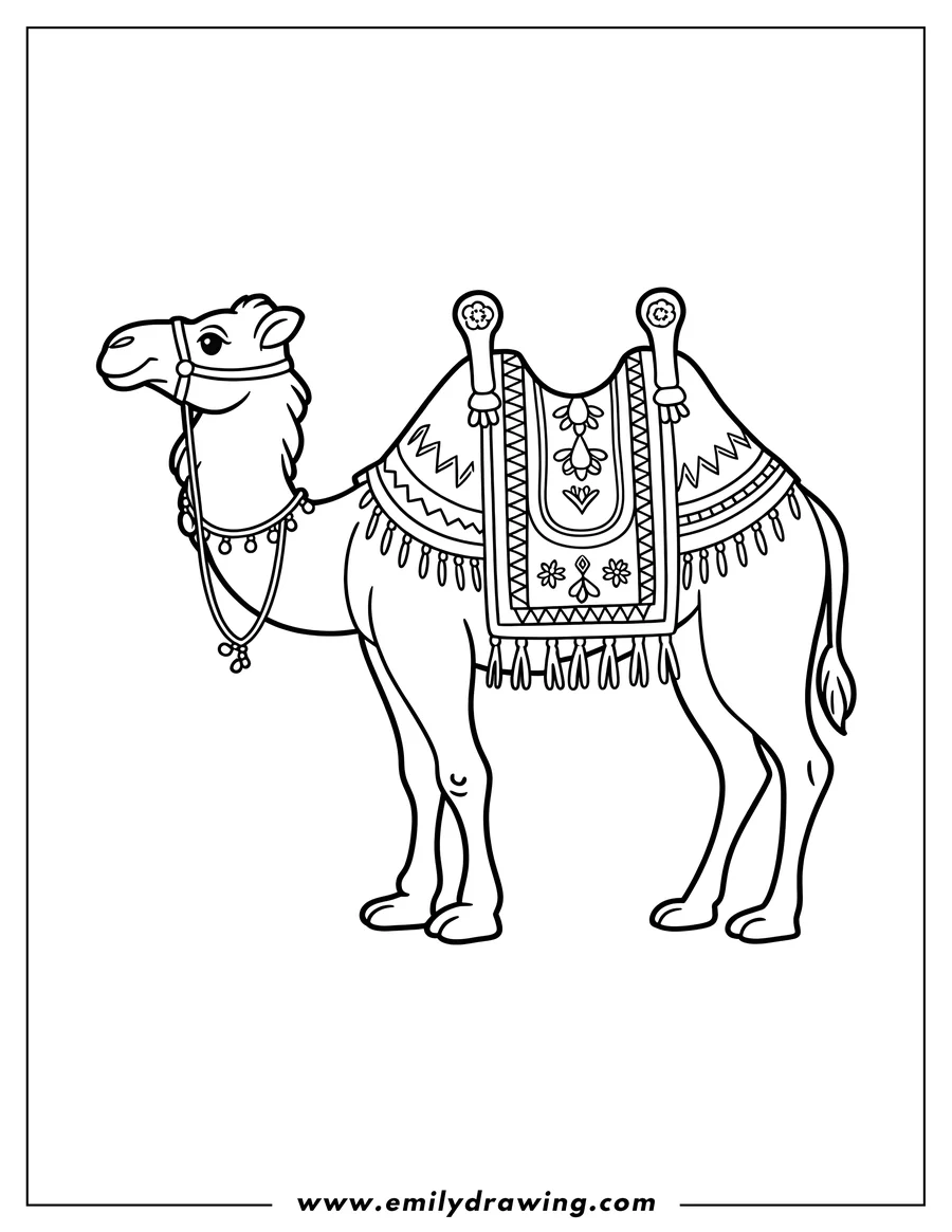 Line art of a camel wearing a decorative saddle and bridle.