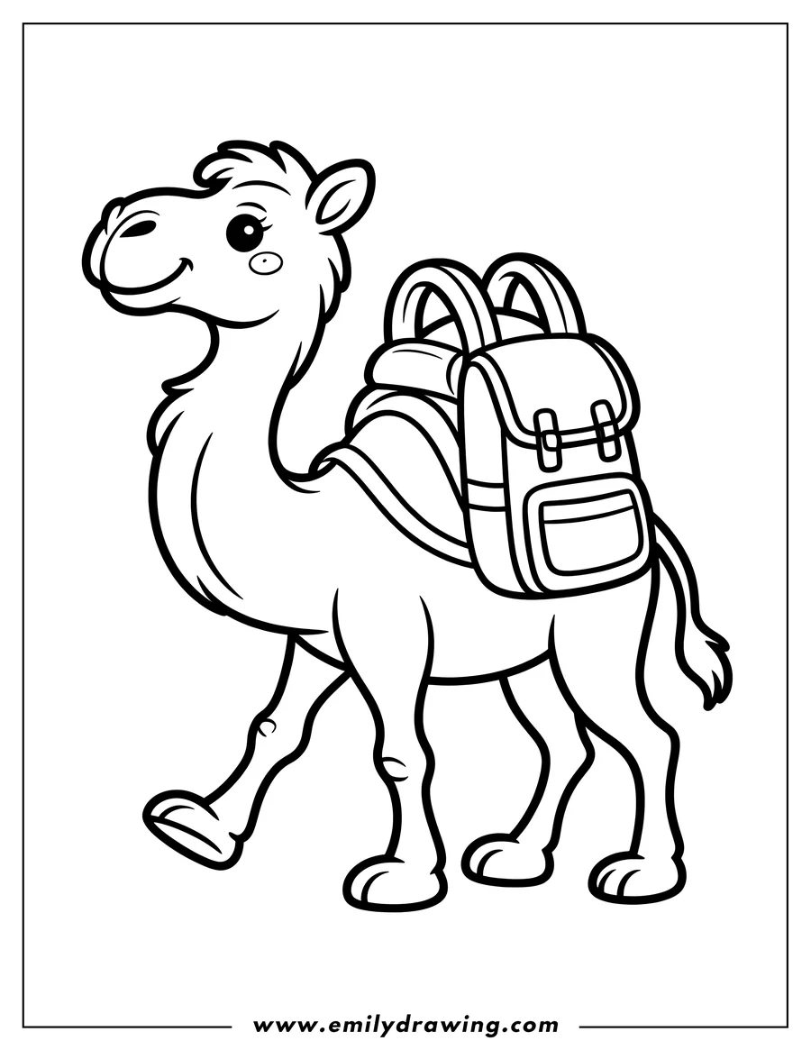 Outline of a friendly camel walking with a backpack on its back.