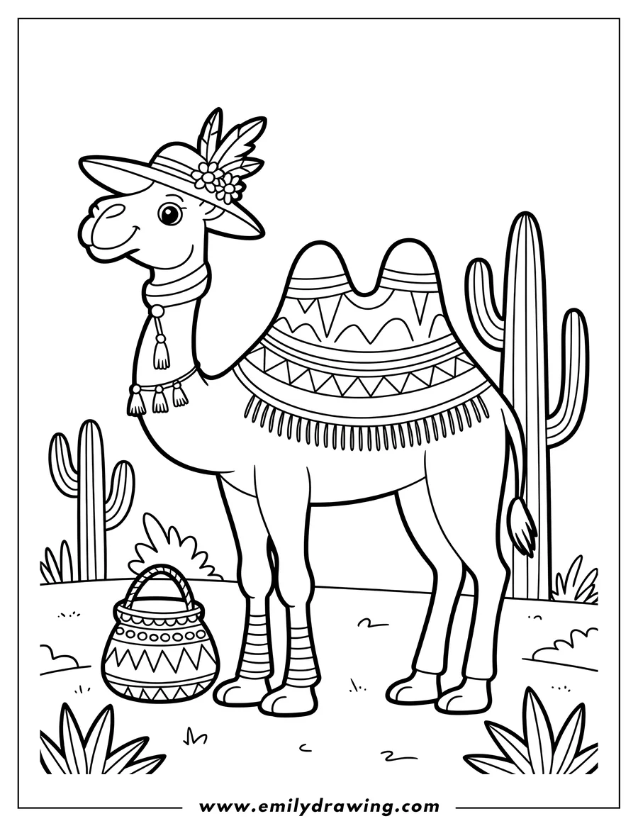 Line art of a camel wearing a decorated hat and blanket, standing next to a patterned basket in a desert setting with cacti.