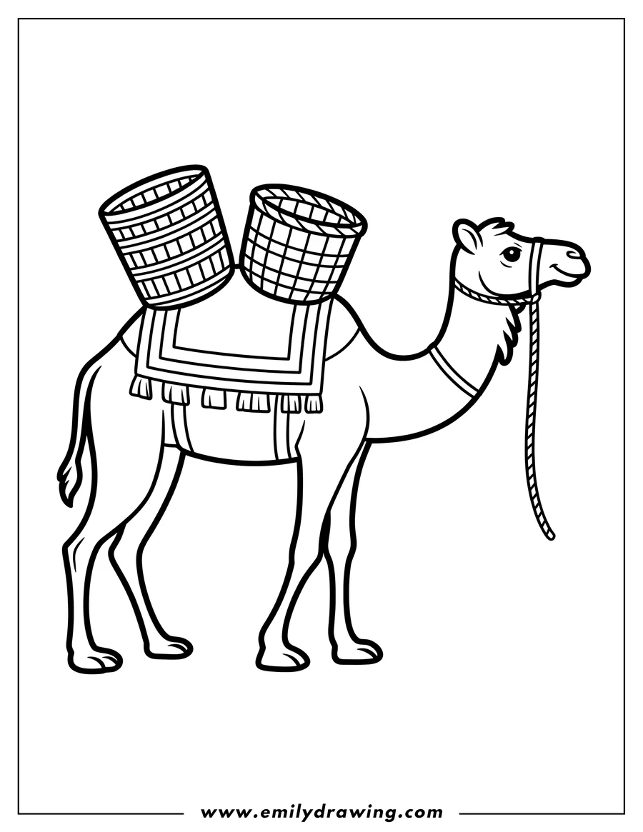 Outline of a camel wearing a blanket and carrying two baskets on its back.