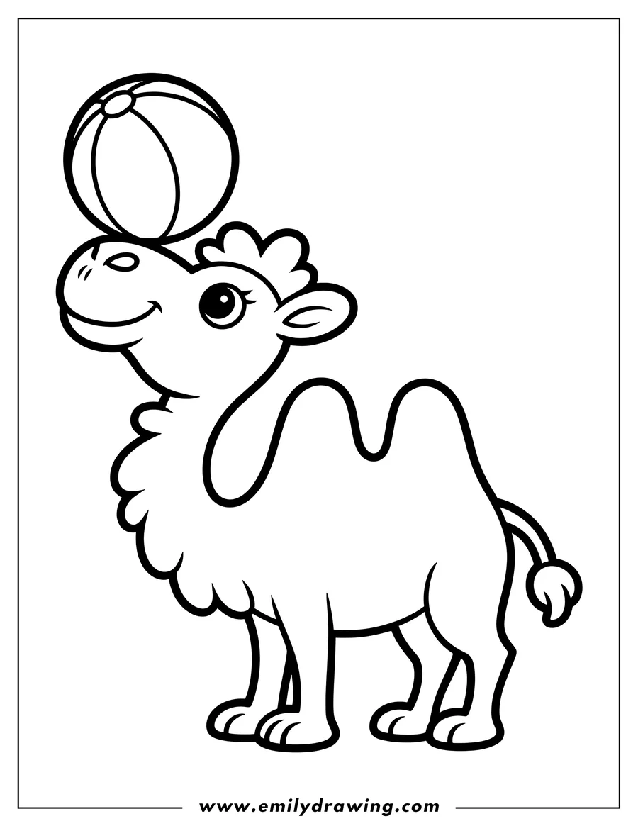 Line art of a camel balancing a beach ball on its head.