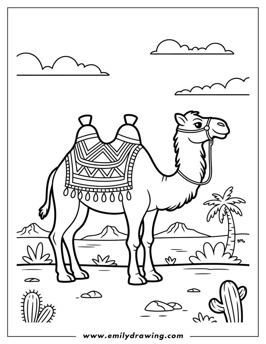 Line art of a camel wearing a decorative blanket, standing in a desert landscape with cacti, rocks, and a palm tree.