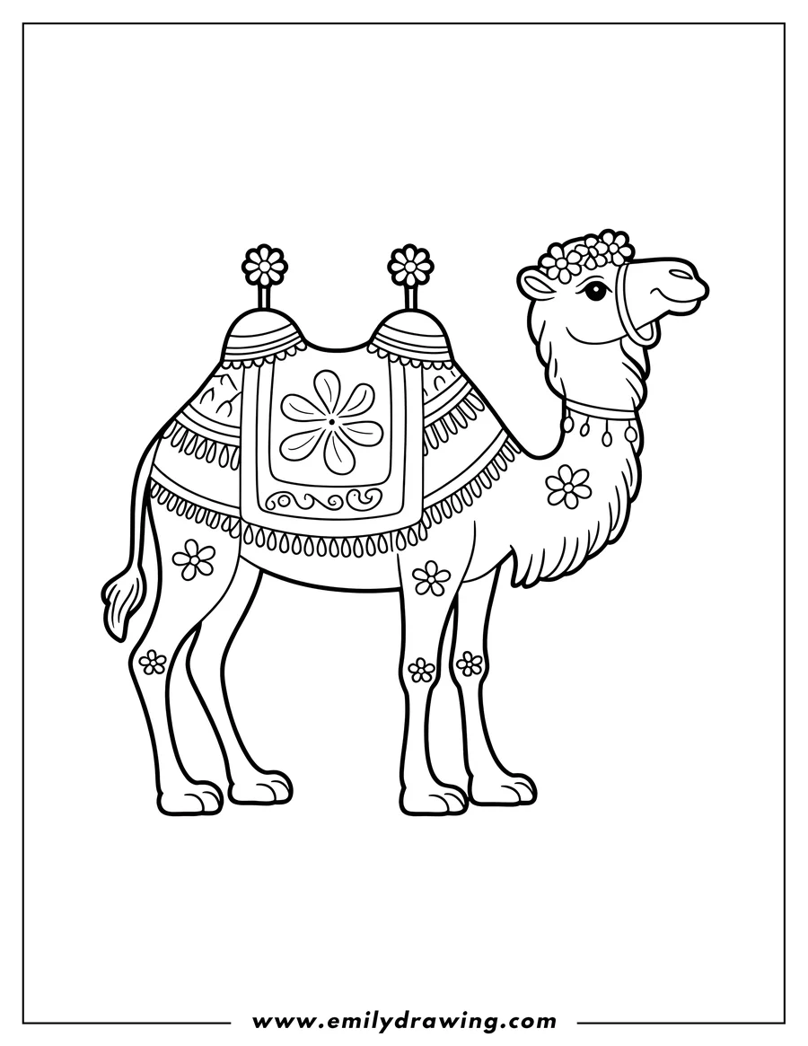 Line art of a camel wearing a decorated saddle, blanket, and flower crown.
