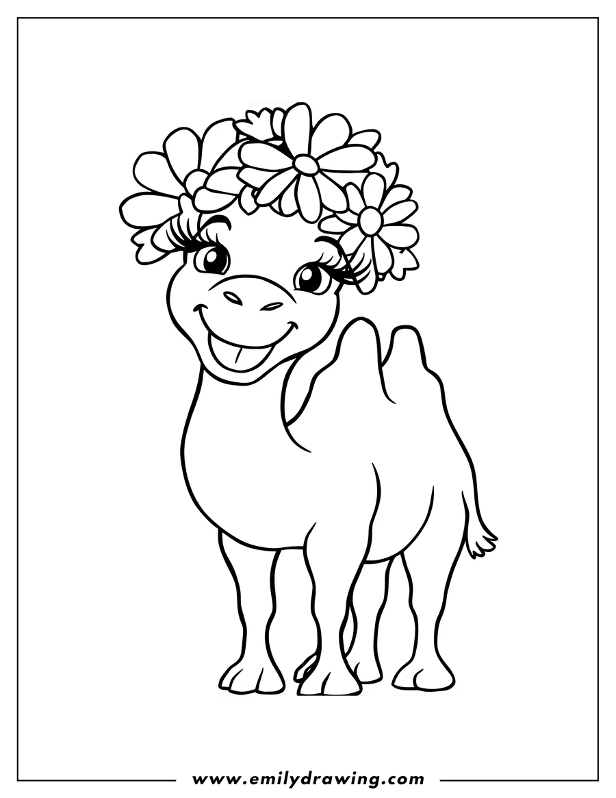 Line art of a camel wearing a crown of flowers. It's smiling and ready to be colored.