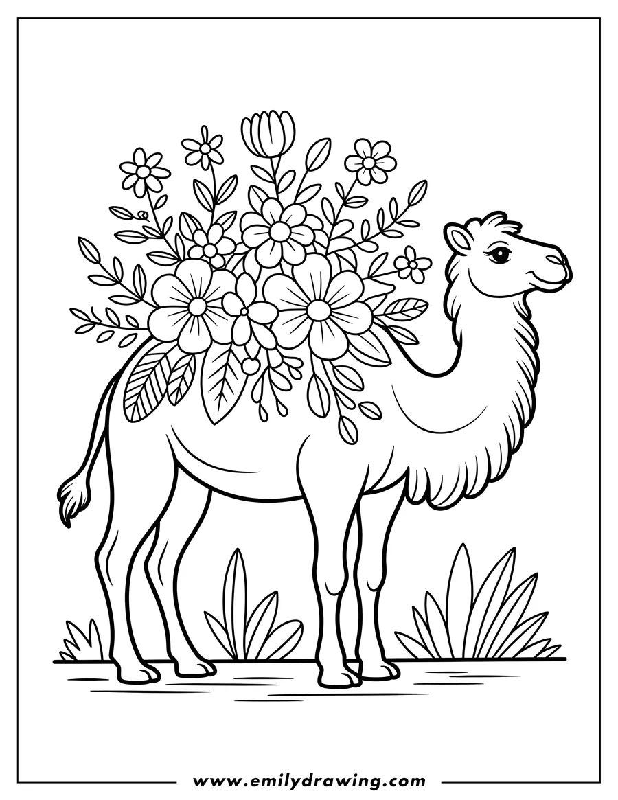 Line art of a camel with a large bouquet of flowers on its back.