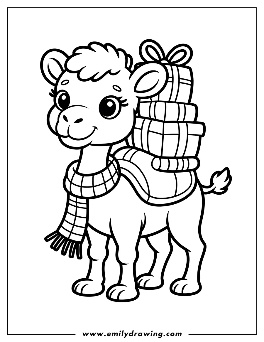 Line art of a camel wearing a scarf and carrying a stack of gifts on its back.