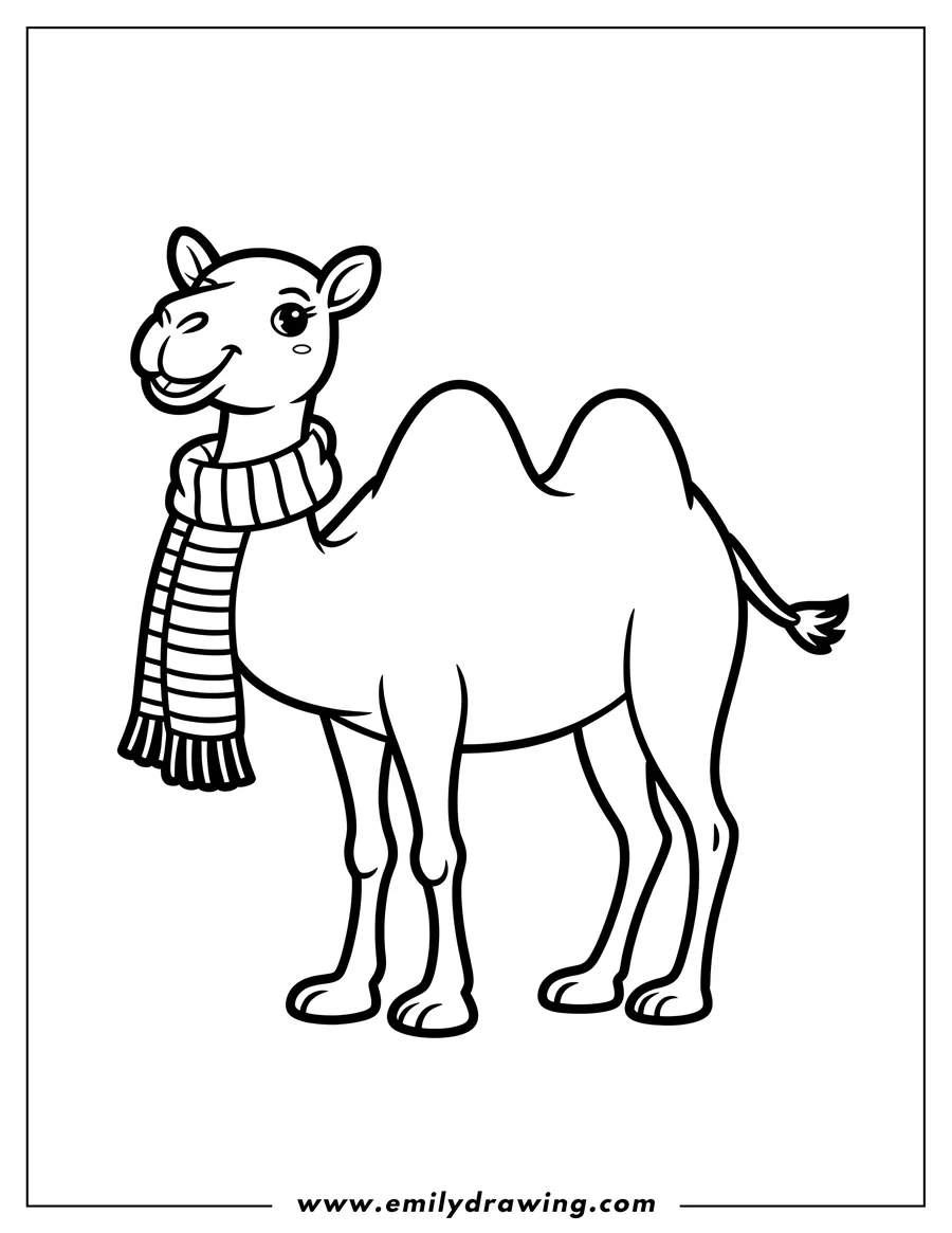 Outline of a camel wearing a striped scarf.