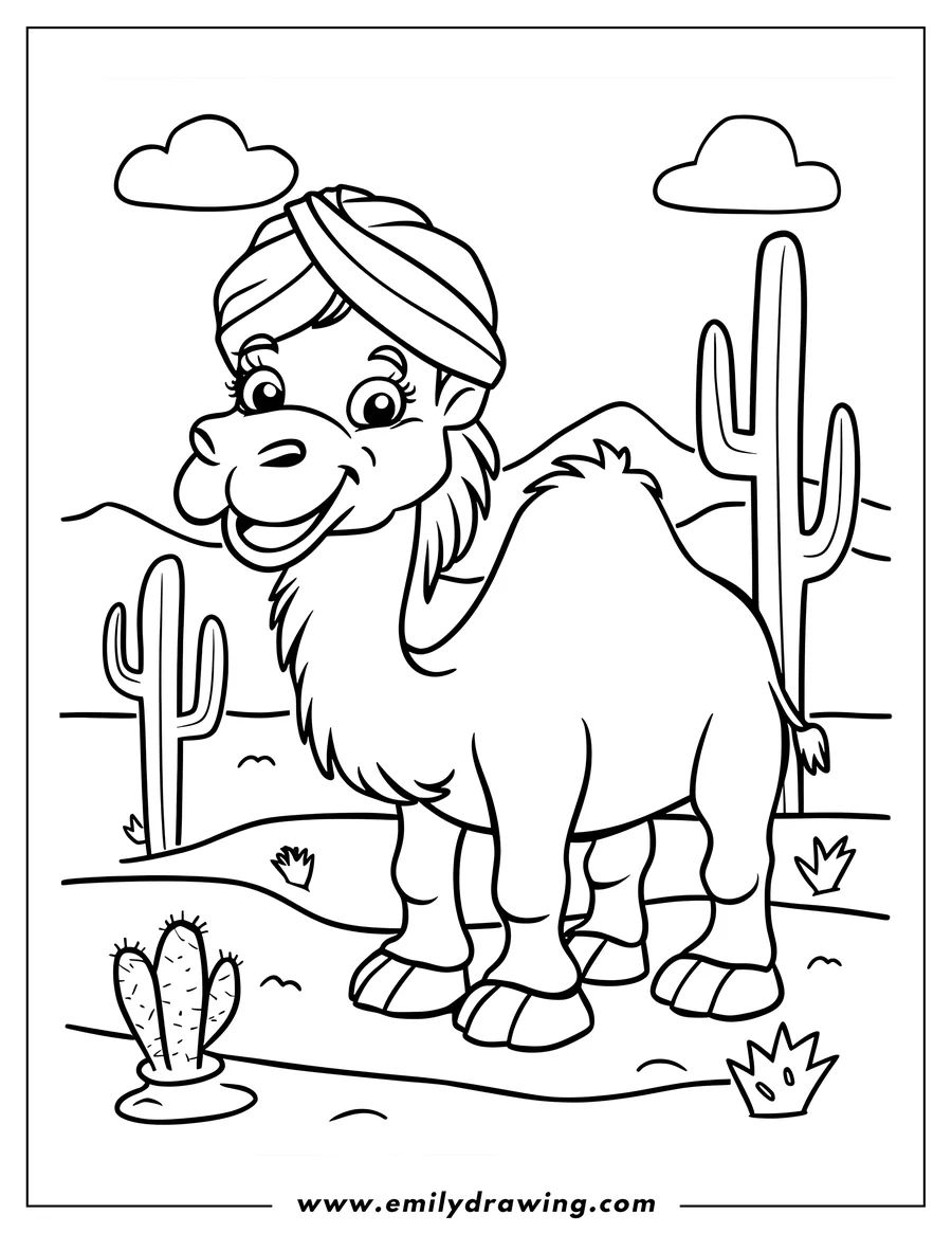 Line art of a friendly camel wearing a turban in a desert setting with cacti and clouds.