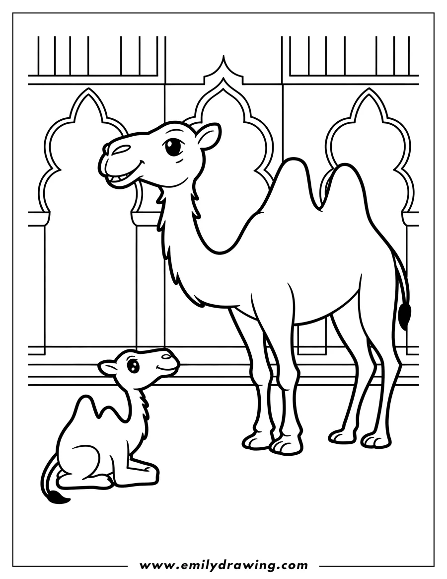 Line art of two camels, one large and one small, standing in front of a decorative palace wall.