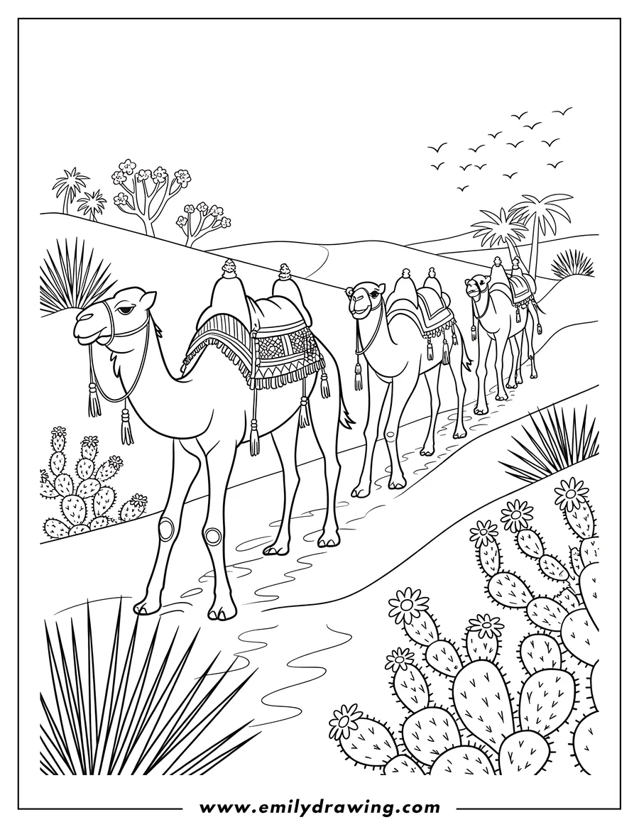 Line art of three camels walking in a desert landscape. They have decorative blankets and tassels. There are cacti, desert plants, and birds flying overhead.
