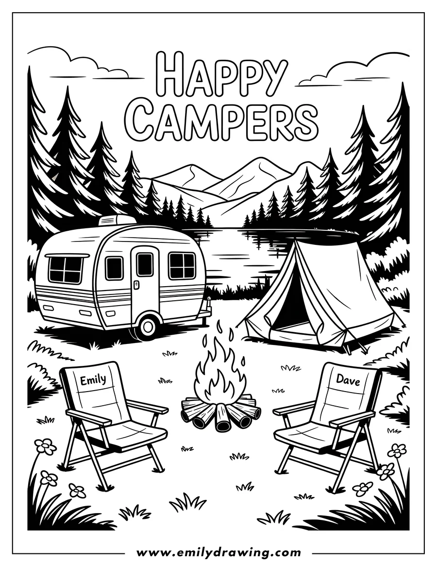 Outline of a camper and tent set up at a lakeside campsite. A campfire burns between two chairs, and a forest stretches behind the scene, with hills in the distance.