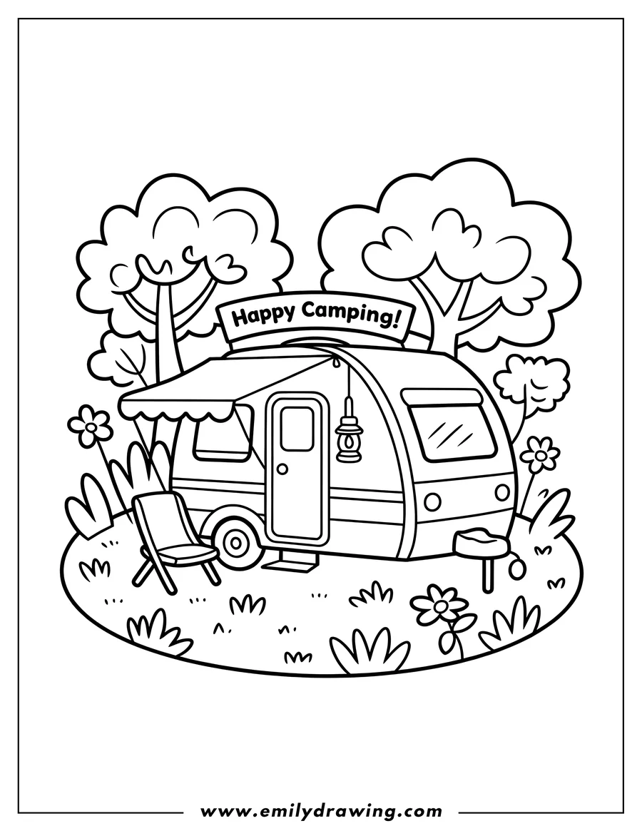 Outline of a camper parked at a campsite with a chair, grill, and trees in the background.