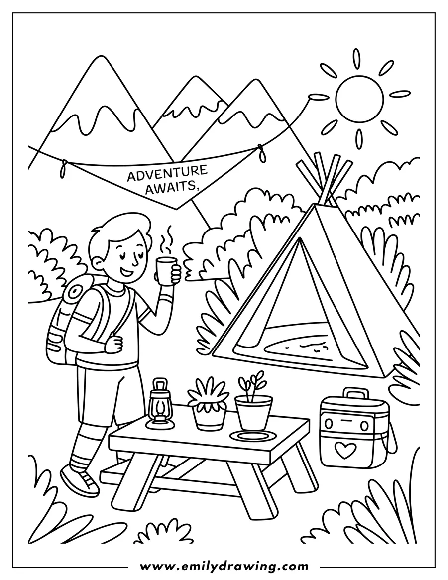 Line art of a camper drinking from a mug near his tent at a campsite. There's a picnic table with plants, a lantern, and a cooler on it. Mountains and sun are in the background.