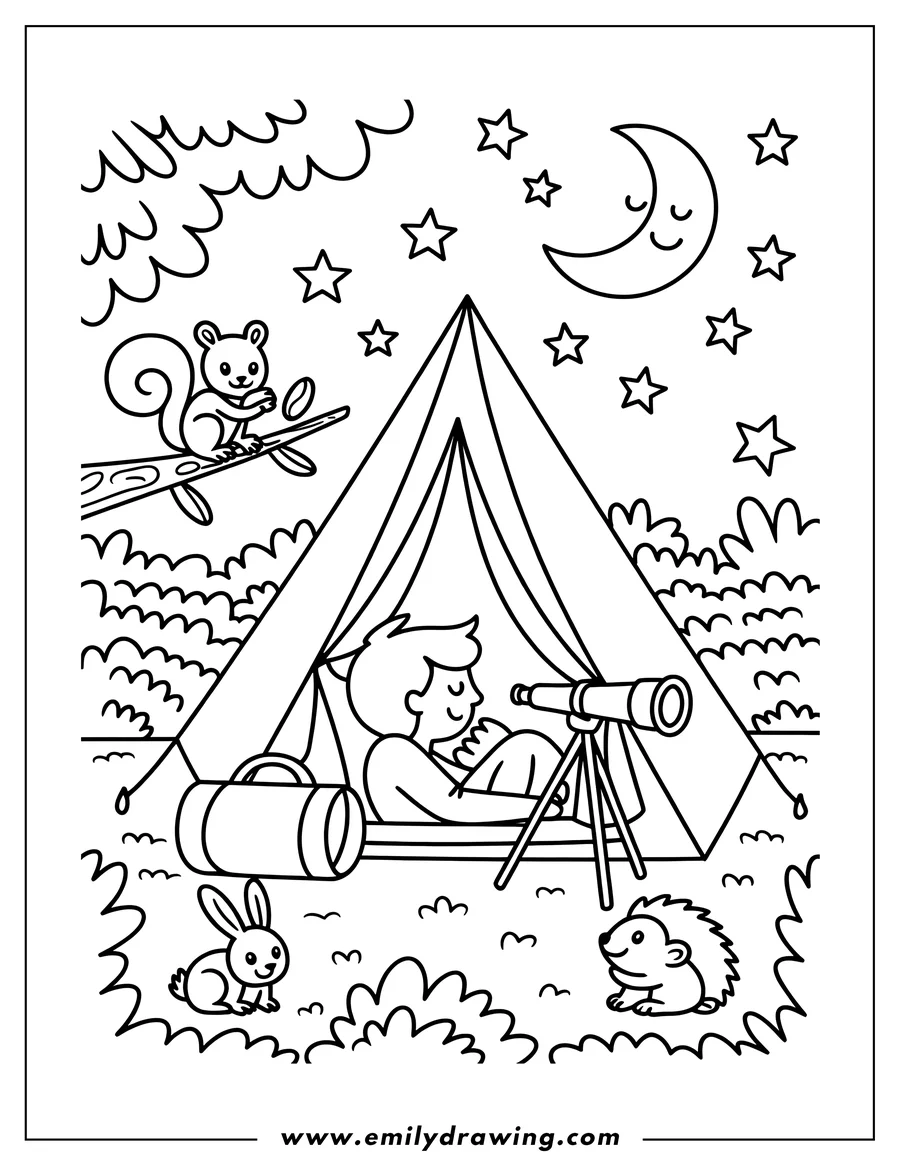 Line art of a camper lying inside a tent at night, using a telescope. A squirrel, a bunny, and a hedgehog watch nearby. The scene is under a starry sky with a smiling crescent moon.