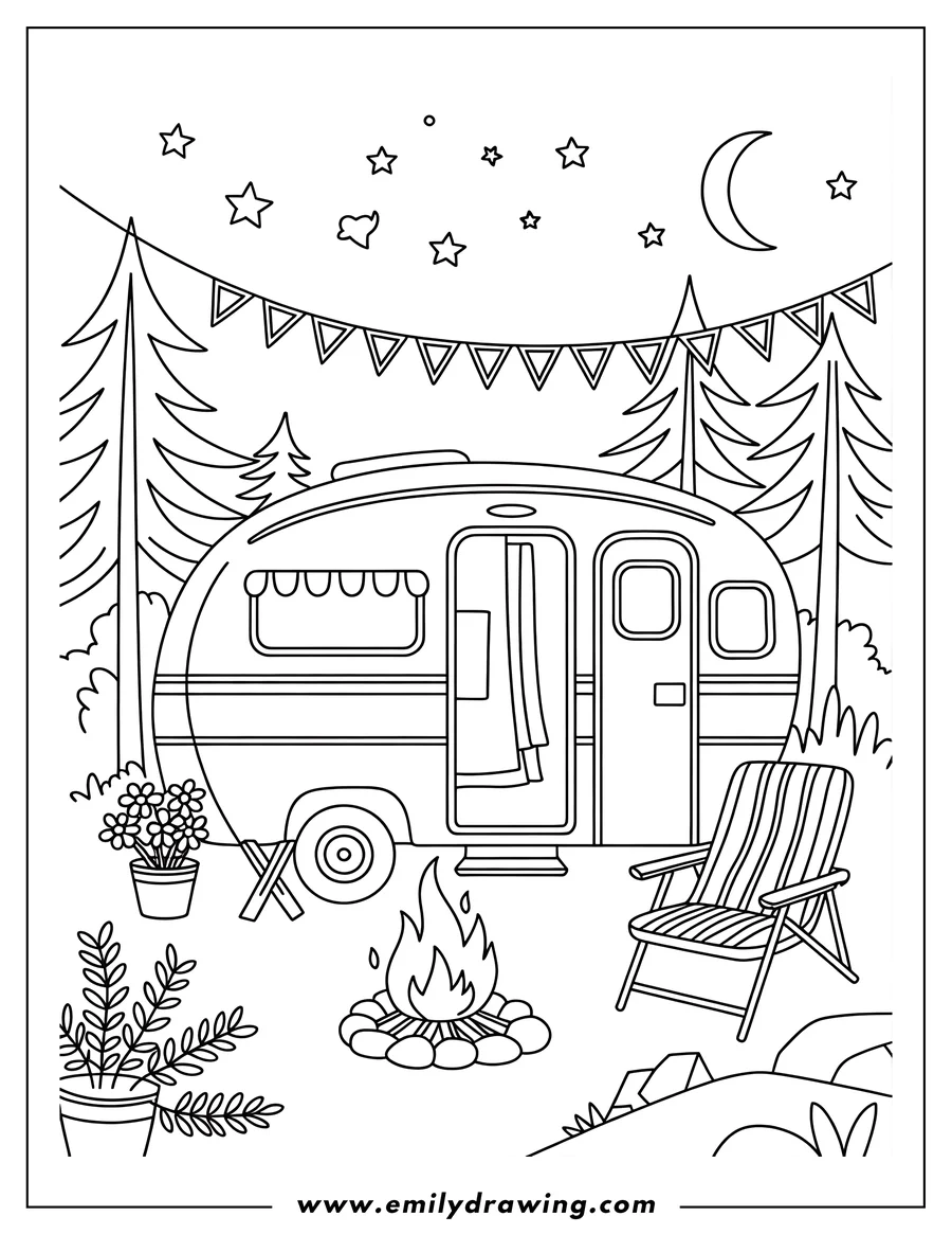 Outline of a camper parked in a forest clearing at night, with a campfire, a chair, potted plants, and string lights hanging between the trees.
