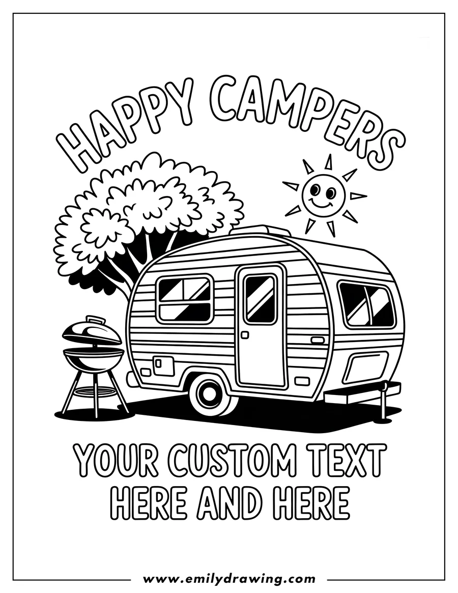 Outline of a camper trailer parked at a campsite with a tree, grill, and smiling sun.