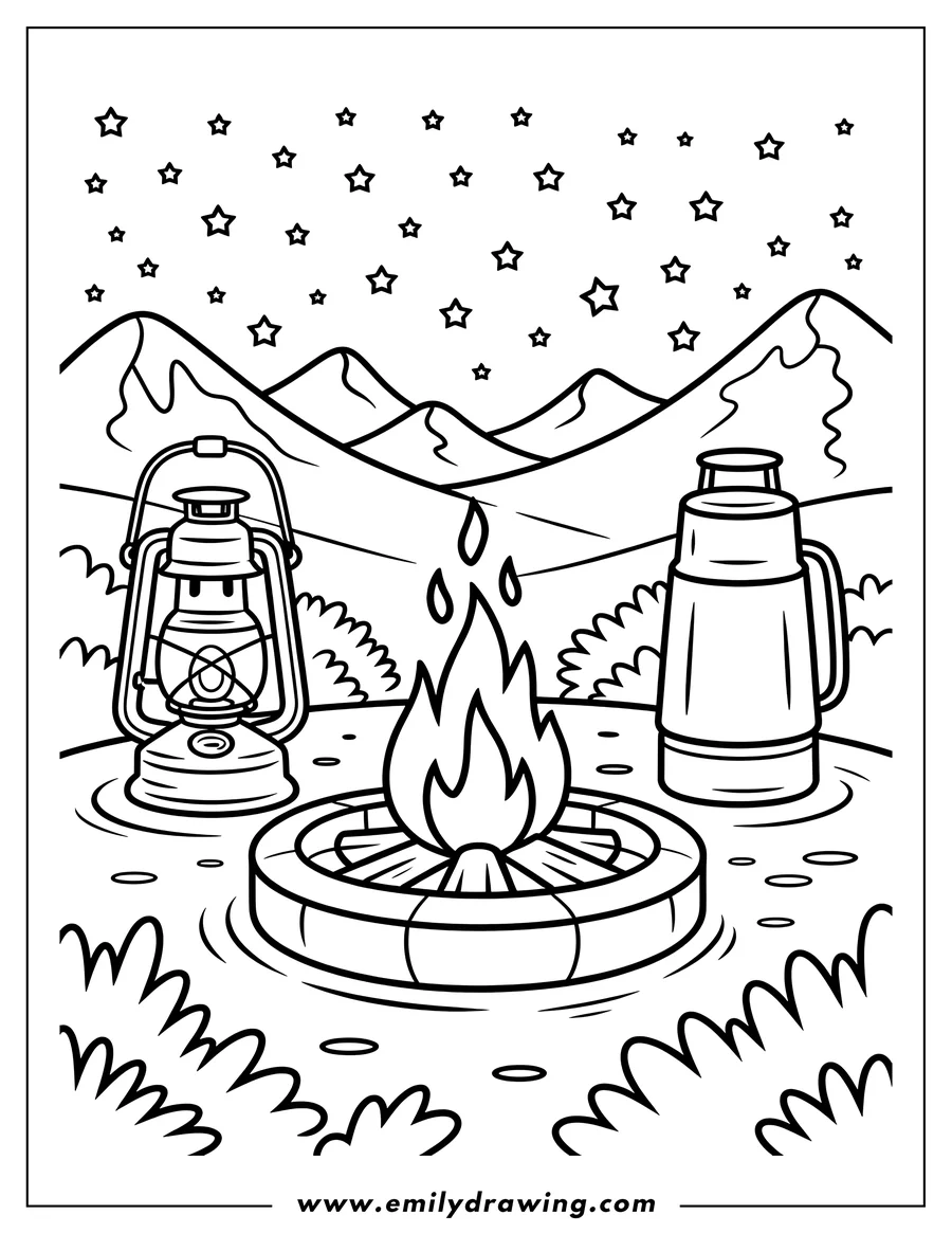 Line art of a campfire with a lantern and thermos at night, beneath a starry sky with mountains.