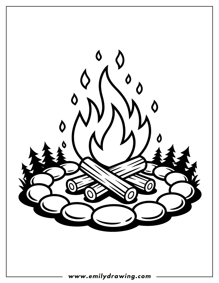 Line art of a simple campfire with flames, surrounded by rocks and with trees in the background.