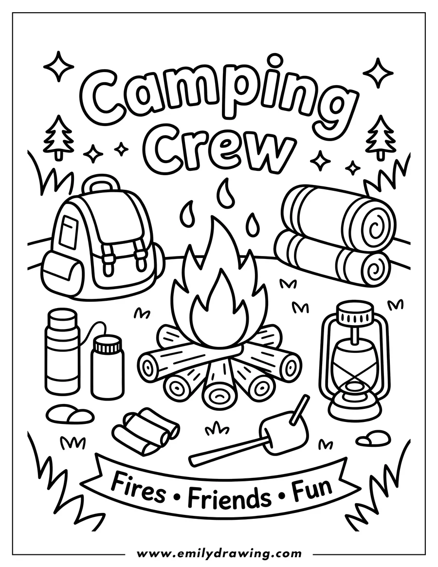 Line art of essential camping items arranged around a campfire.  A backpack, sleeping bag, lantern, marshmallows, and logs are depicted.