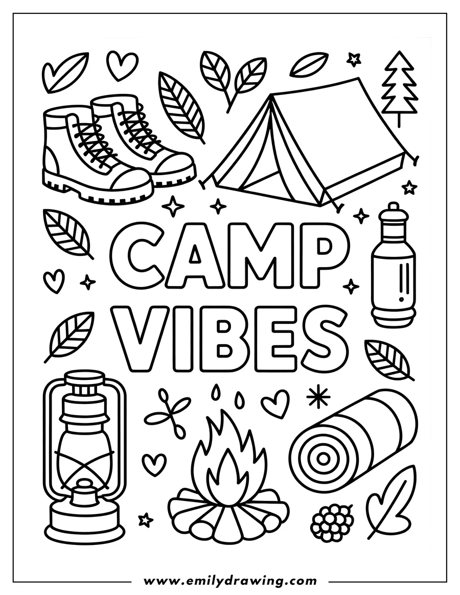 Line art illustration of camping gear including a tent, boots, campfire, lantern, and water bottle. Perfect image for a coloring activity related to camping or outdoor adventures.