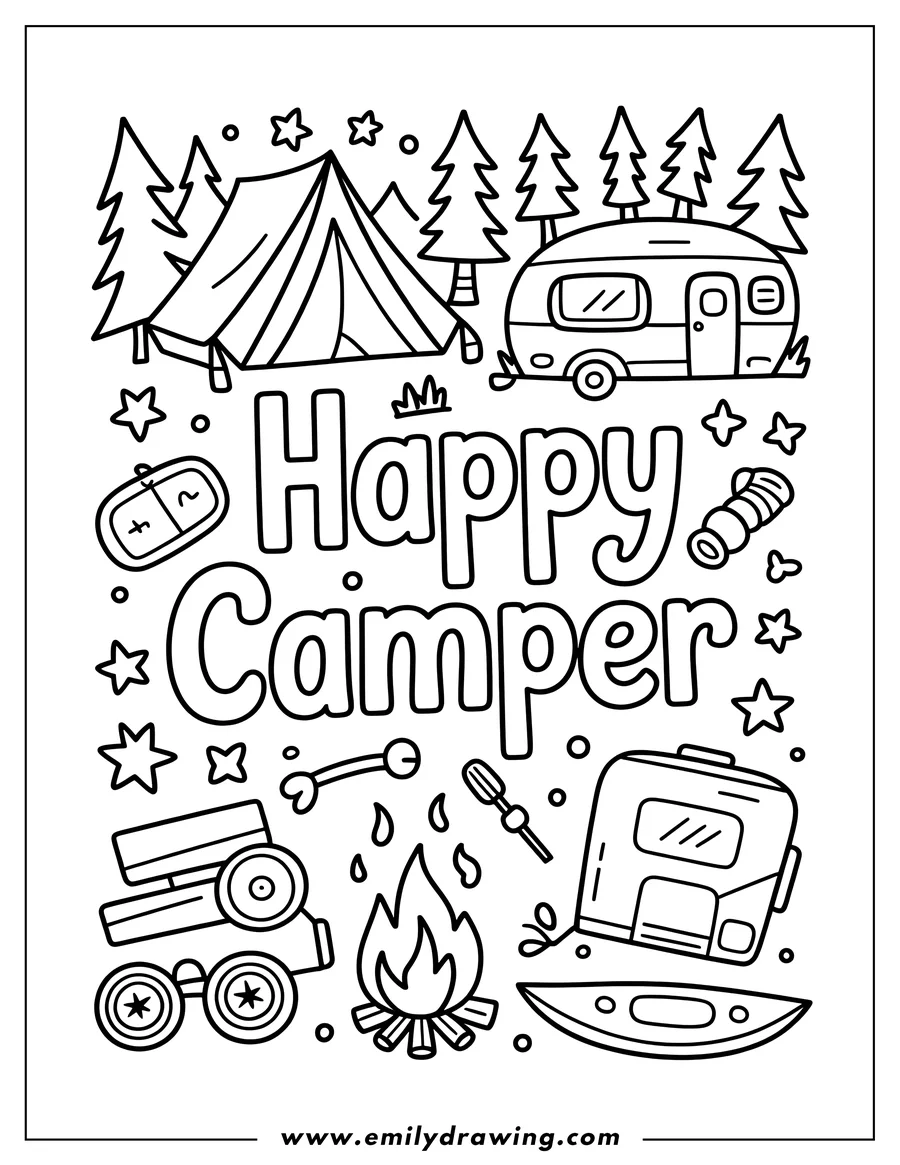 Line art of a camping scene with a tent, camper van, campfire, trees, and stars.