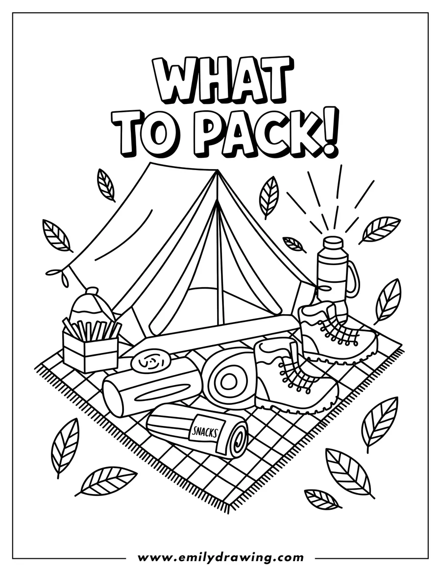 Outline of camping supplies laid out on a blanket including a tent, hiking boots, snacks, a water bottle, and more.
