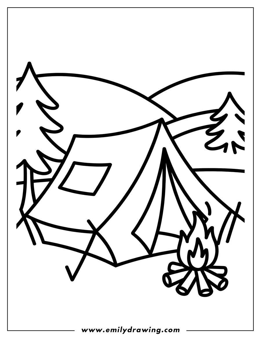 Line art of a camping tent with a campfire and two pine trees in the background. Perfect for coloring.
