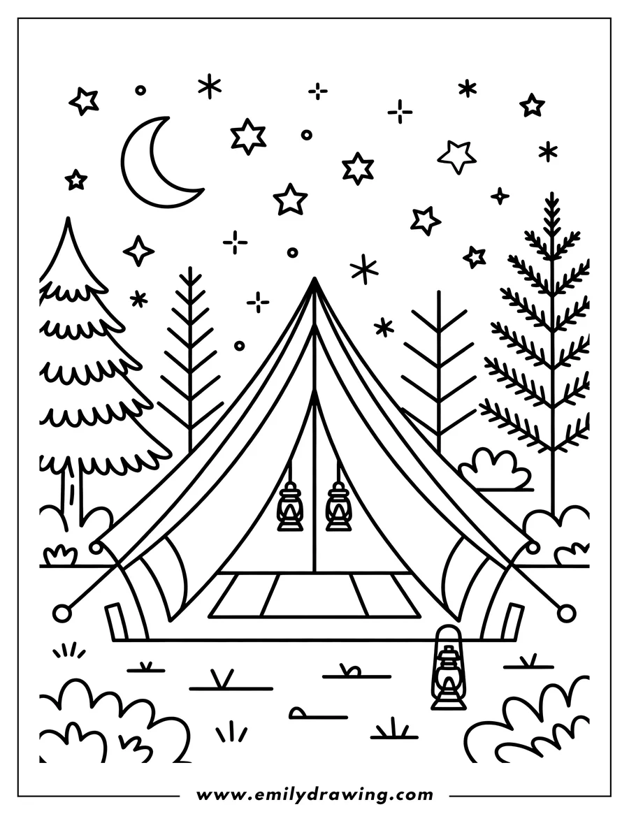 Line art of a camping tent at night, under the moon and stars. Lanterns hang inside and outside of the tent. Trees and bushes surround the tent.