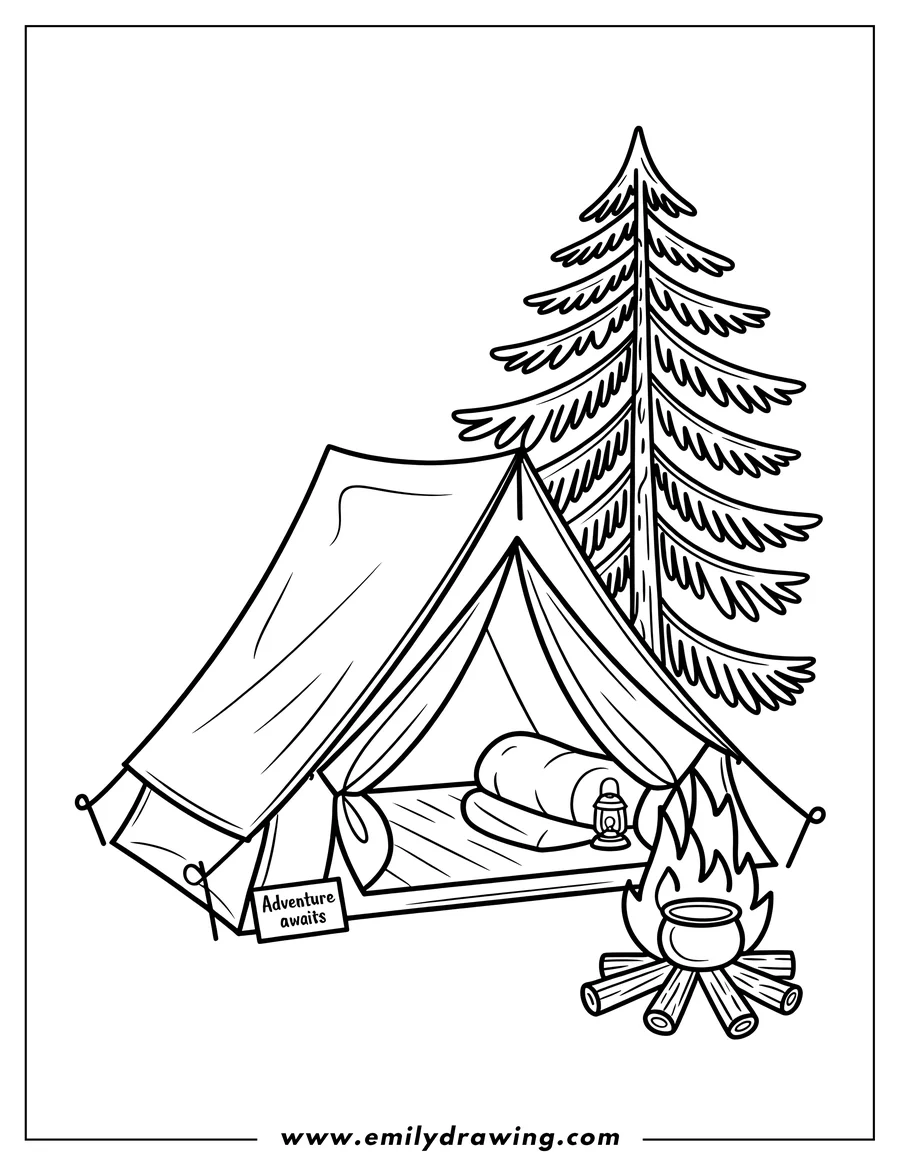 Line art of a camping tent set up near a pine tree. There is a campfire with a pot, a lantern, and a sleeping bag inside the tent.