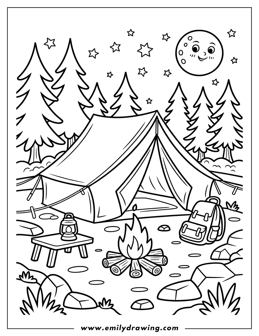 Line art of a campsite at night with a tent, campfire, backpack, lantern, trees, smiling moon, and stars.