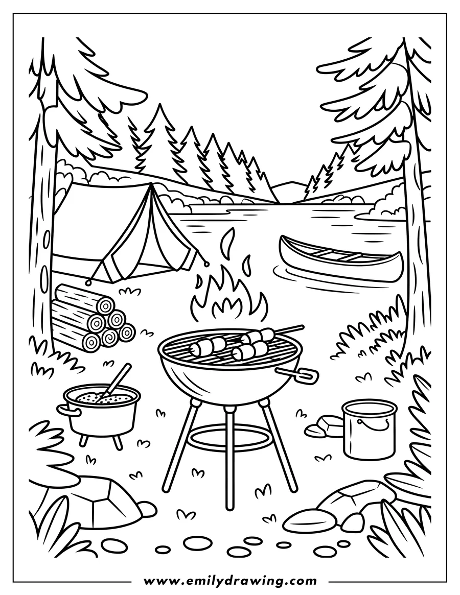 Outline of a campsite scene by a lake. A tent, grill with food, cooking pot, logs, and canoe are depicted, surrounded by trees and rocks.