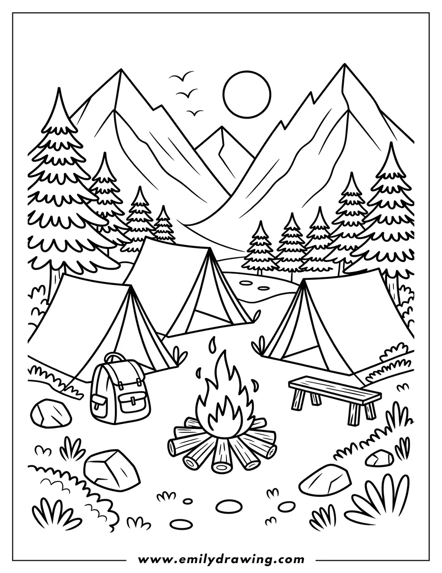 Outline of a campsite in the mountains, with tents, campfire, backpack, trees, and a bench.