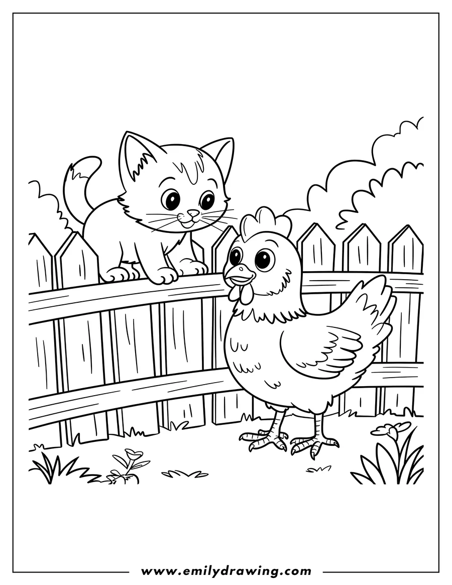 Line art of a cat peering over a wooden fence at a hen.  Small flowers and grass grow near the fence posts.
