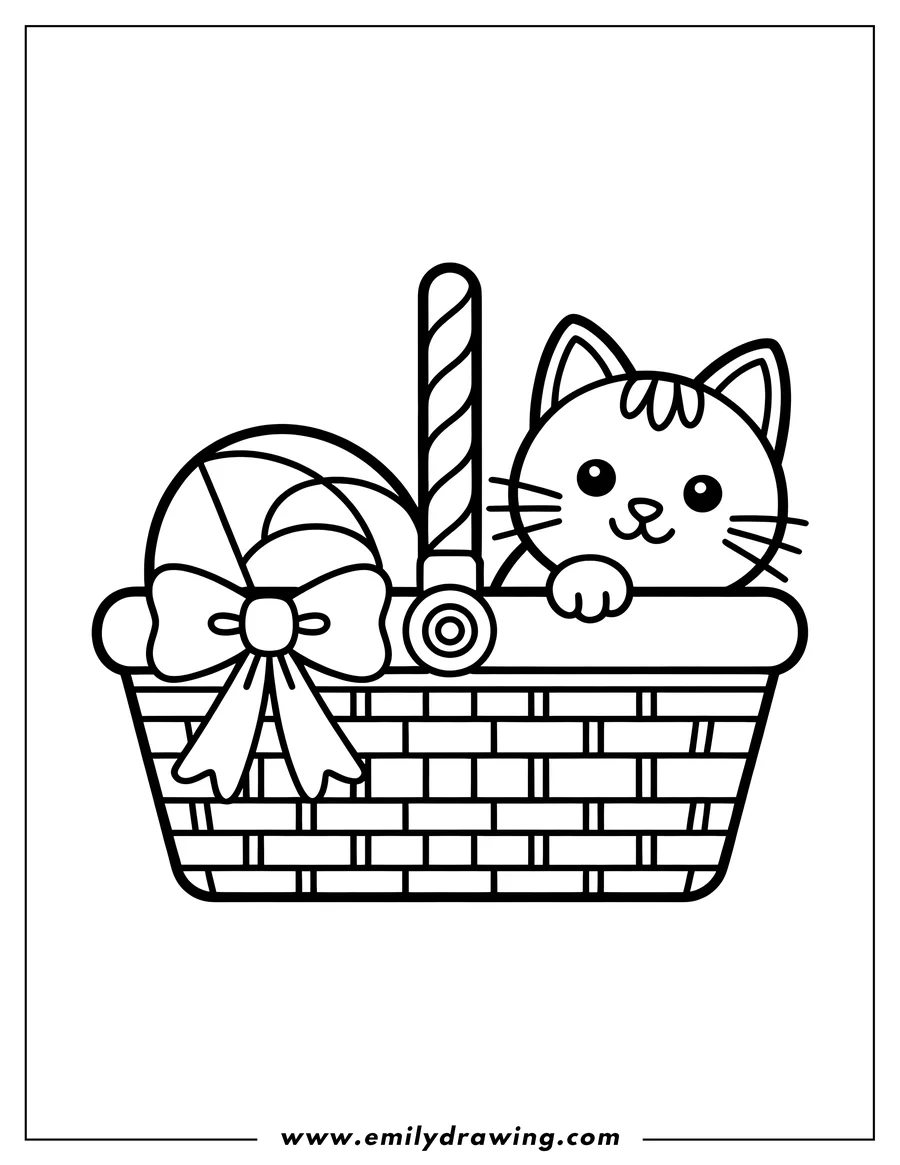 Outline of a cat peeking out of a woven basket with a ball of yarn inside.