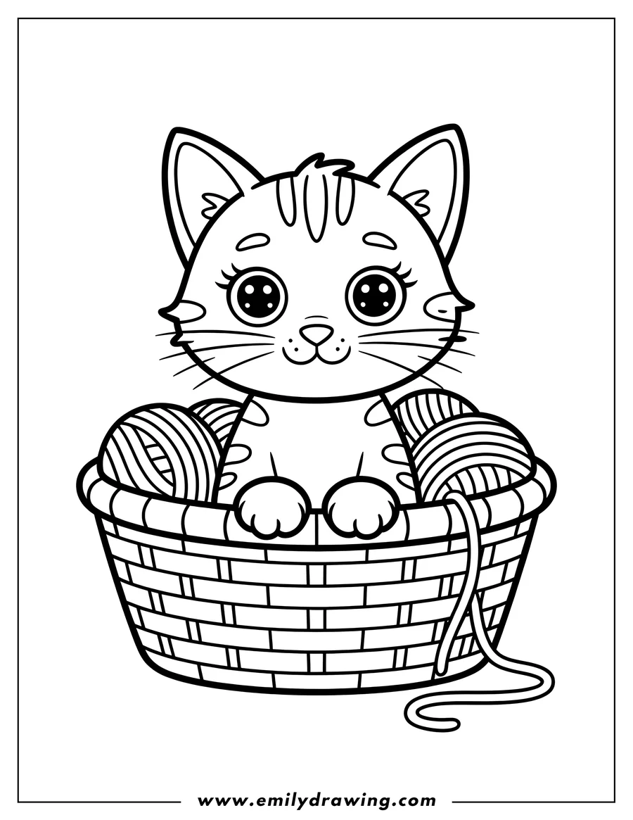 Outline of a cat sitting in a basket with balls of yarn.