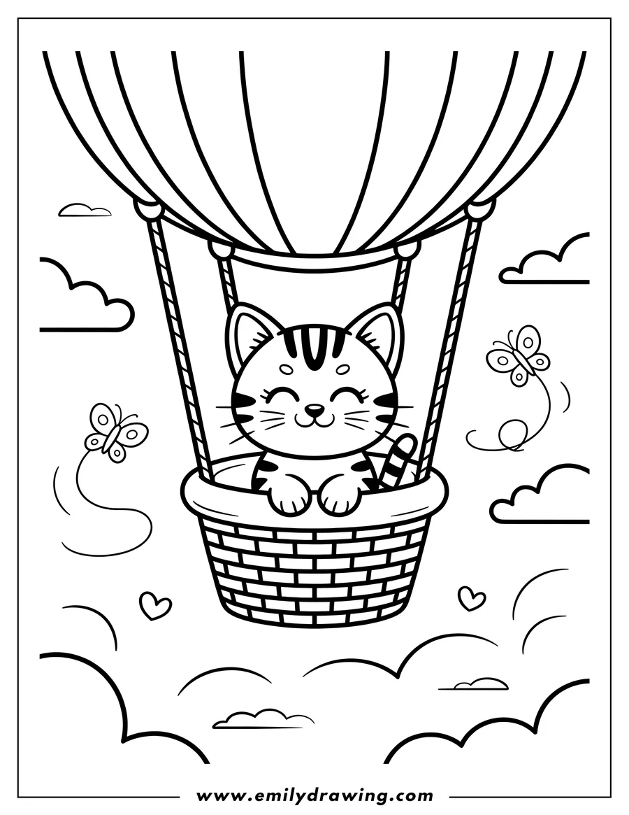 Outline of a happy cat sitting in the basket of a hot air balloon, with butterflies and clouds around it.