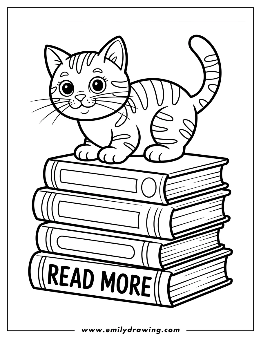 Outline of a cat sitting on a stack of books. The bottom book has the words READ MORE on the spine.