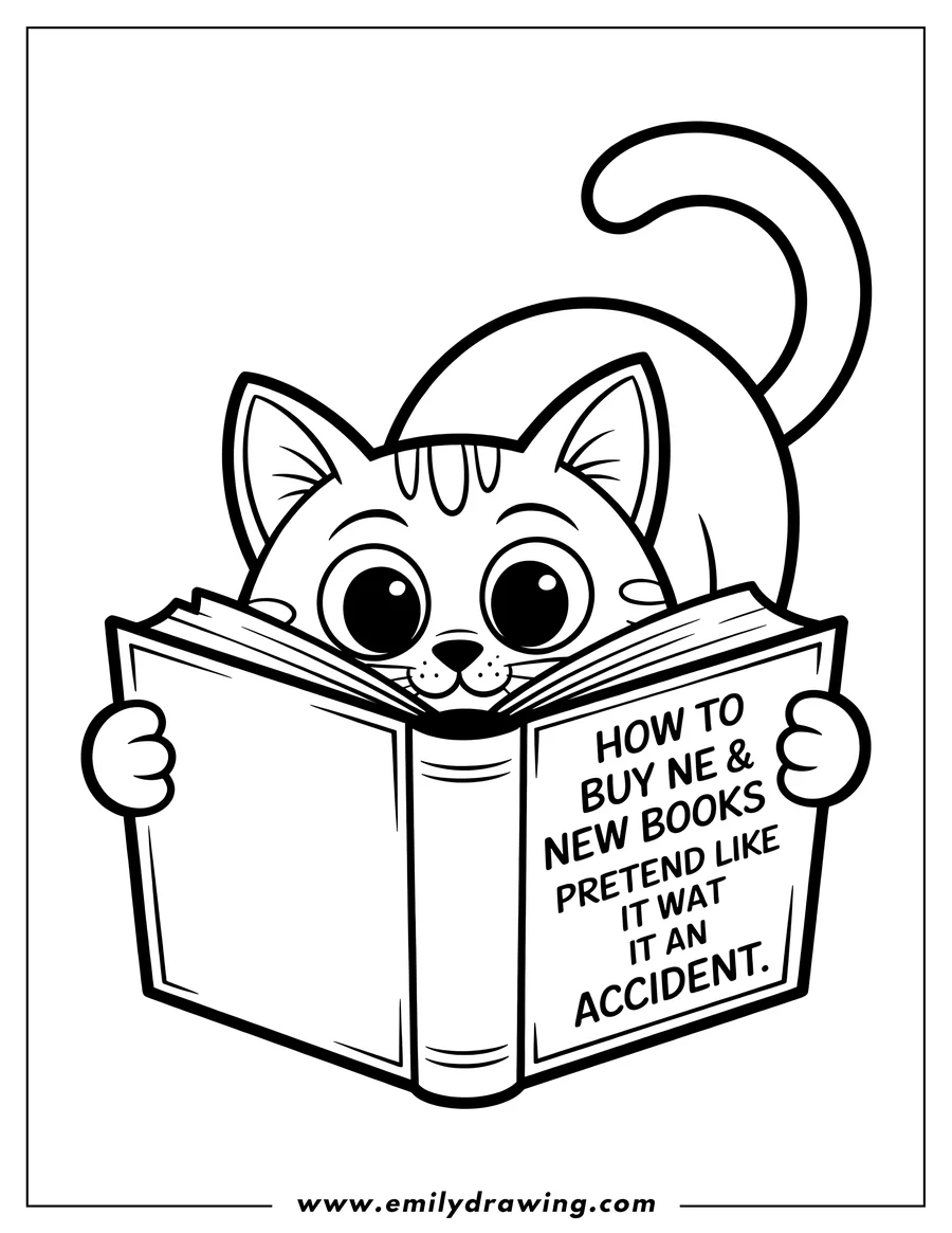 Outline of a cat reading a book. The book's cover says 'How to Buy New Books & Pretend Like It Was an Accident'.