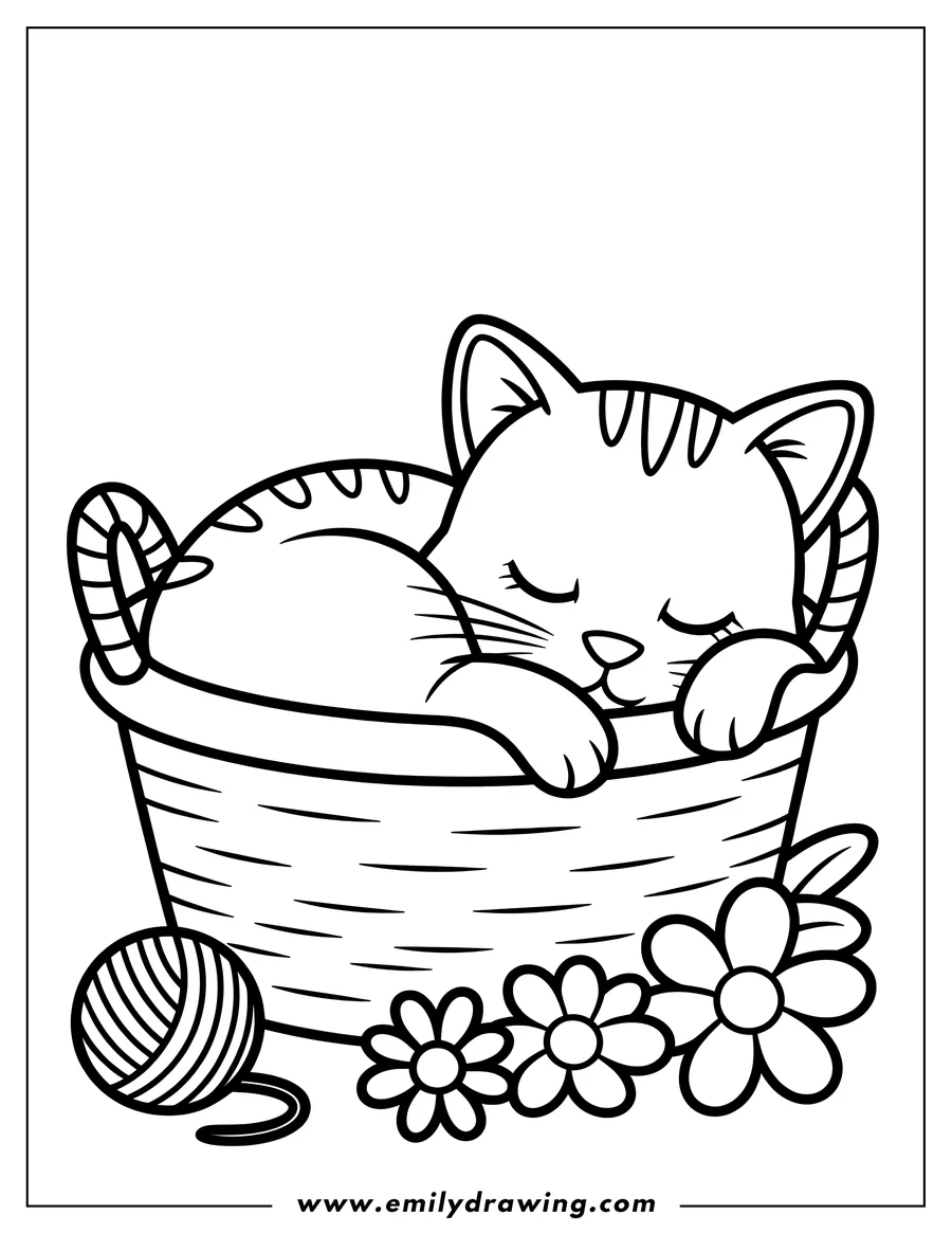 Outline of a cat sleeping in a basket with a ball of yarn and flowers nearby.