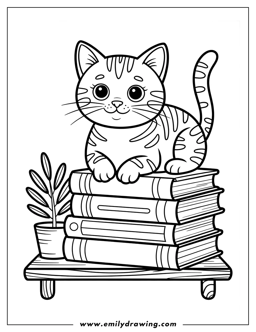 Outline of a cat sitting on a stack of books on a small wooden bookshelf.  A potted plant sits next to the books.