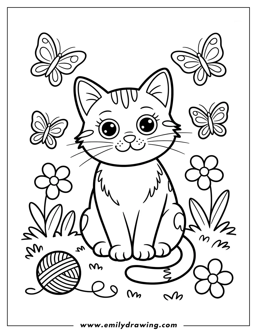 Outline of a playful cat sitting next to a ball of yarn, surrounded by flowers and butterflies.